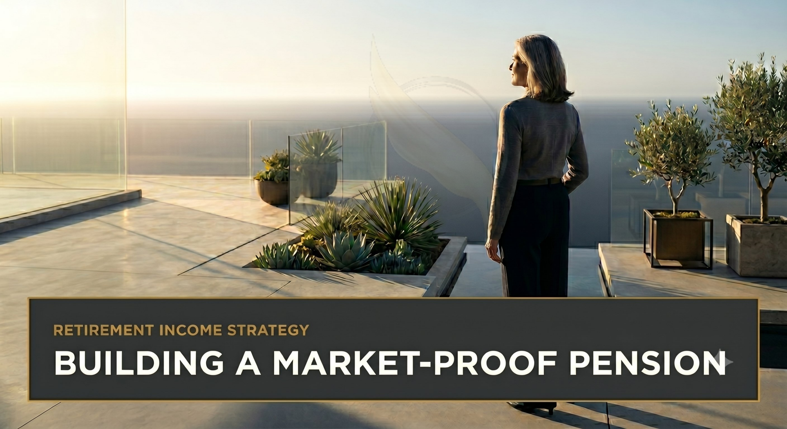 Confident woman standing on a luxury rooftop terrace at sunrise, representing financial security and building a market-proof pension retirement income strategy