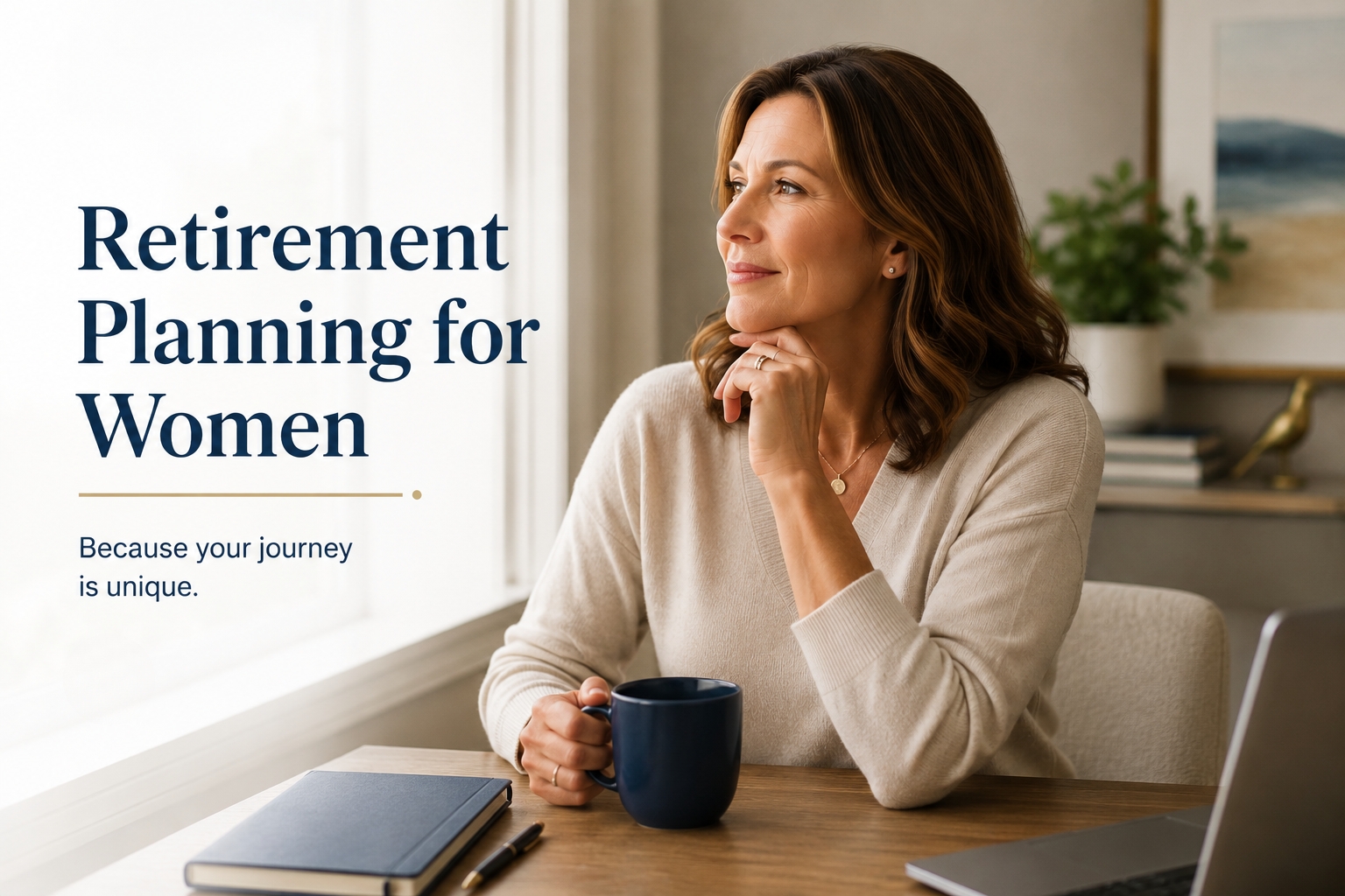 A thoughtful woman sits at a desk holding a blue coffee mug, looking out a bright window. On the desk are a laptop, a closed notebook, and a pen. Large text on the left reads, "Retirement Planning for Women," with a smaller subheading below it saying, "Because your journey is unique.