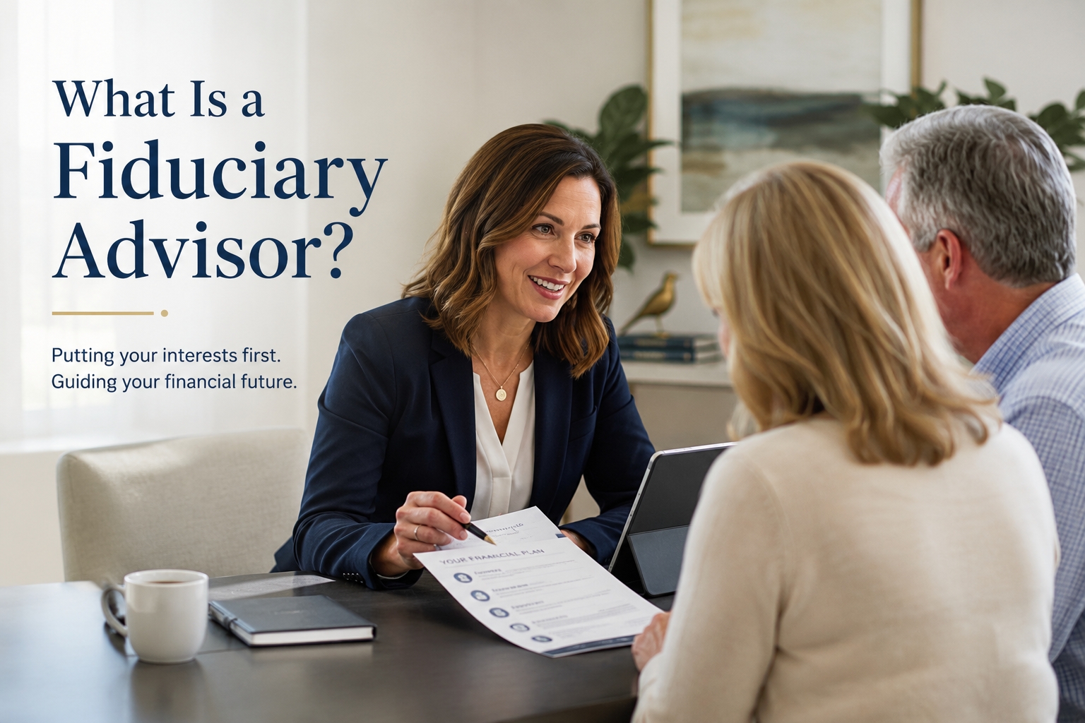 A smiling female financial advisor sits at a desk, holding a pen and discussing a document titled "Your Financial Plan" with an older couple seated across from her. On the left side, large text asks, "What Is a Fiduciary Advisor?" Below a gold dividing line, smaller text reads, "Putting your interests first. Guiding your financial future.